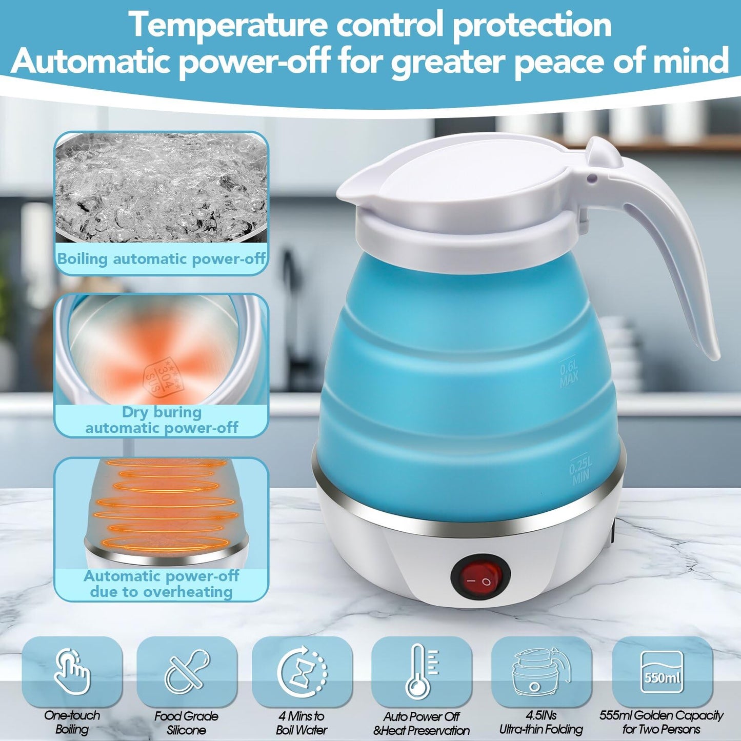 Travel Kettle Electric Small Foldable Portable Kettle,Silicone Collapsible Heating Water Boiler Tea Pot for Camping,Easy for Storage with Separable Power Cord (Blue pro)