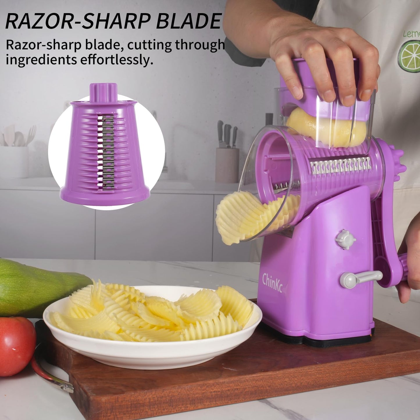 ChinKc Upgrade Rotary Cheese Grater Shredder with Handle, Strong Suction Base, Multi-purpose Rotary Grater Slicer with 5 Interchangeable Blades for Ice, Vegetables, Fruit, Nuts with Blade Storage Box