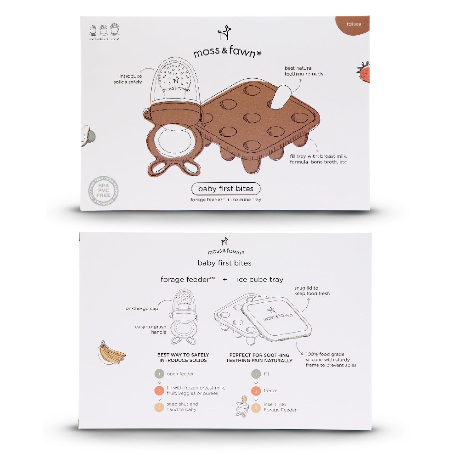 Moss and Fawn Baby's First Bites Bundle - Silicone Frozen Breast Milk Popsicle Kit with Forage Feeder & Teething Popsicle Ice Cube Tray - BPA, PVC, & Lead-Free - Foliage