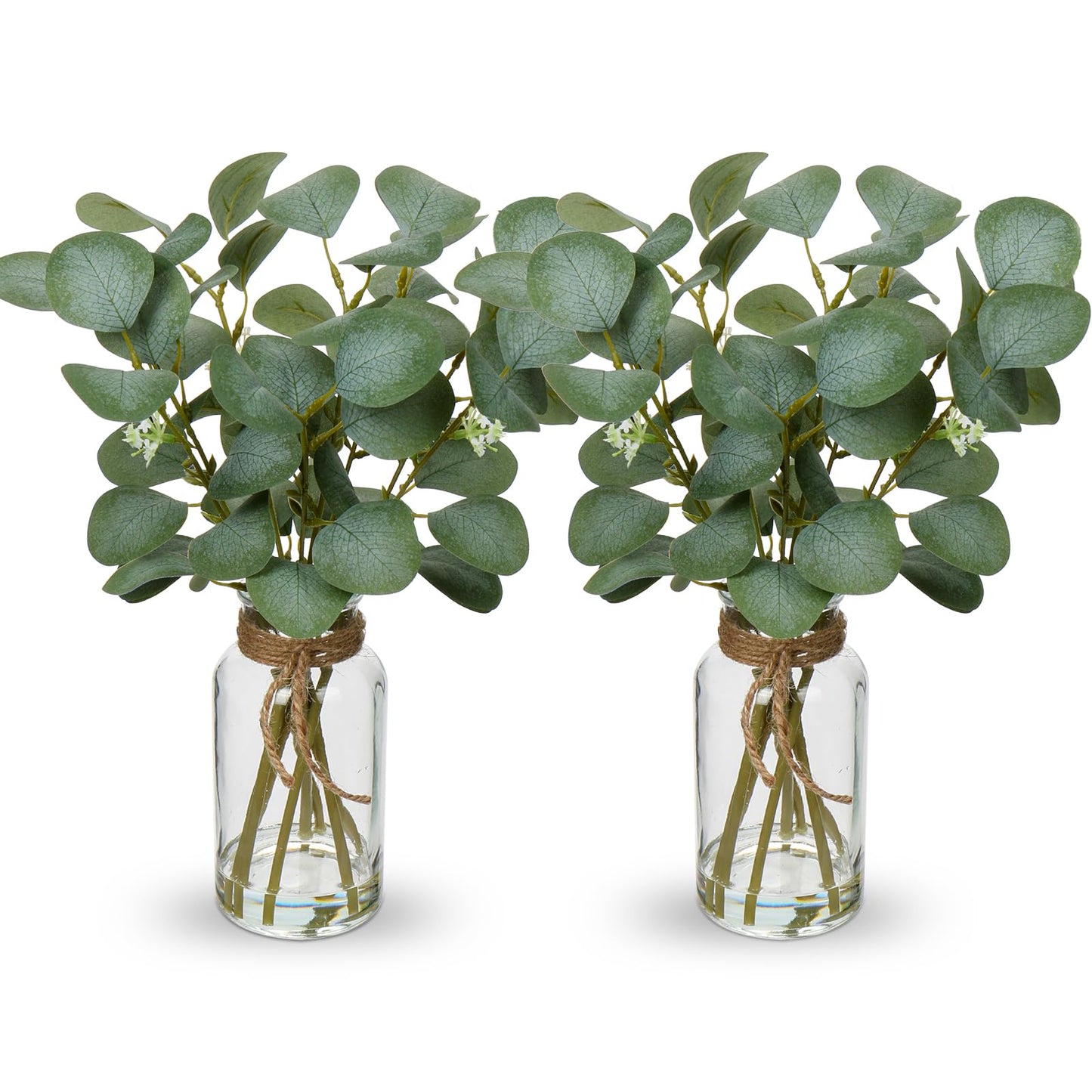 Briful Artificial Eucalyptus Stems in Glass Vase with Faux Water, 14" Fake Plant Eucalyptus Leaves for Home Farmhouse Wedding Centerpiece Bathroom Décor, 2 Packs