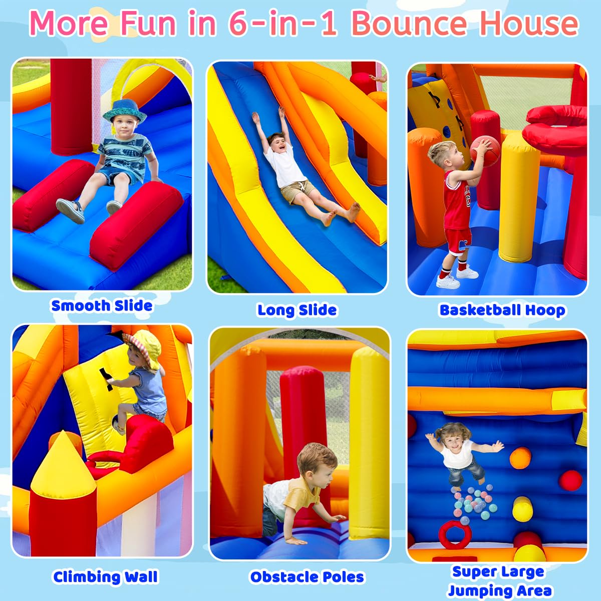 Baralir Inflatable Bounce House with 8.98 * 4.82 Ft Oversized Jump Area, 88'' Extra-Long Slide Kids Bounce House with Climbing Wall, Obstacle Poles & Hoop- Durable & Safe Backyard Fun for Kids