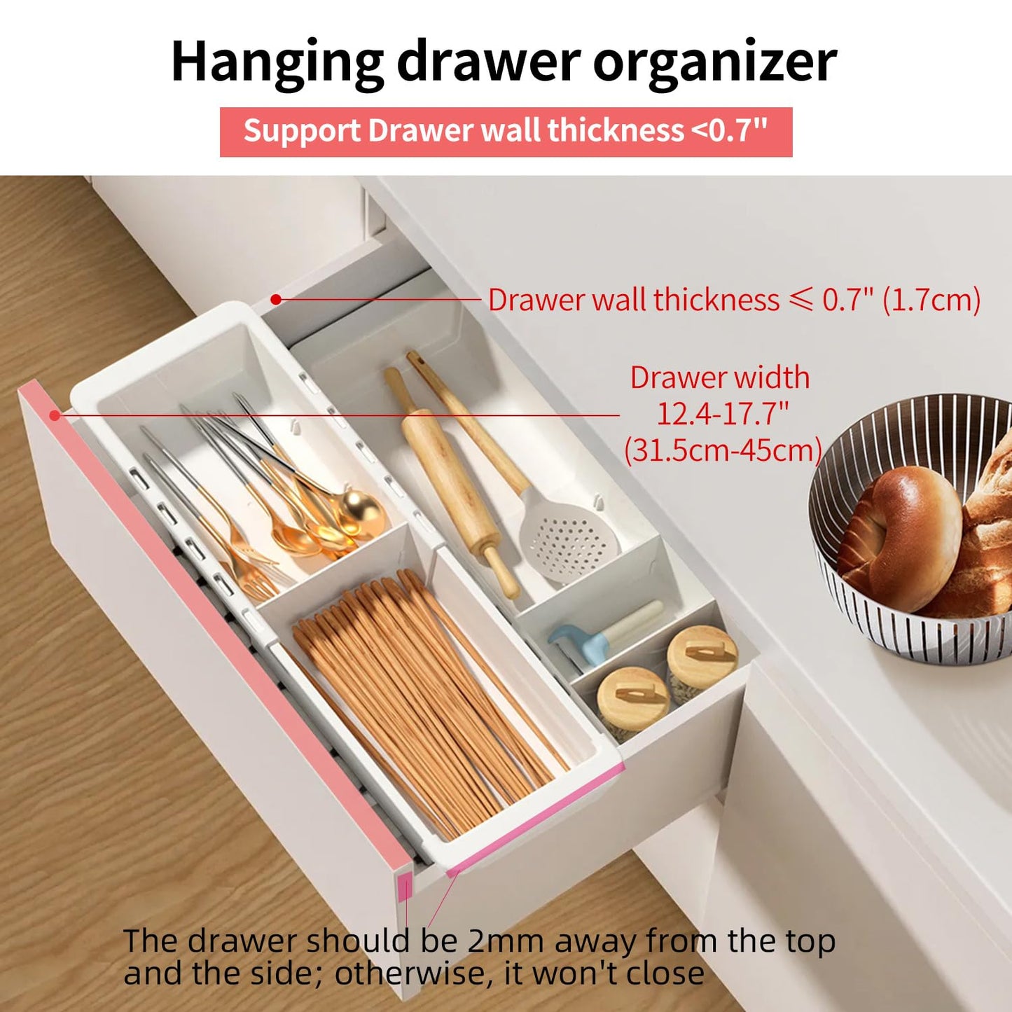 Plastic Drawers Organizer for Office Bathroom Bedroom Kitchen Desk - 1 Layers More White Storage Tray - Expandable 11.4-18.1 Inches (DEEP 2.3")