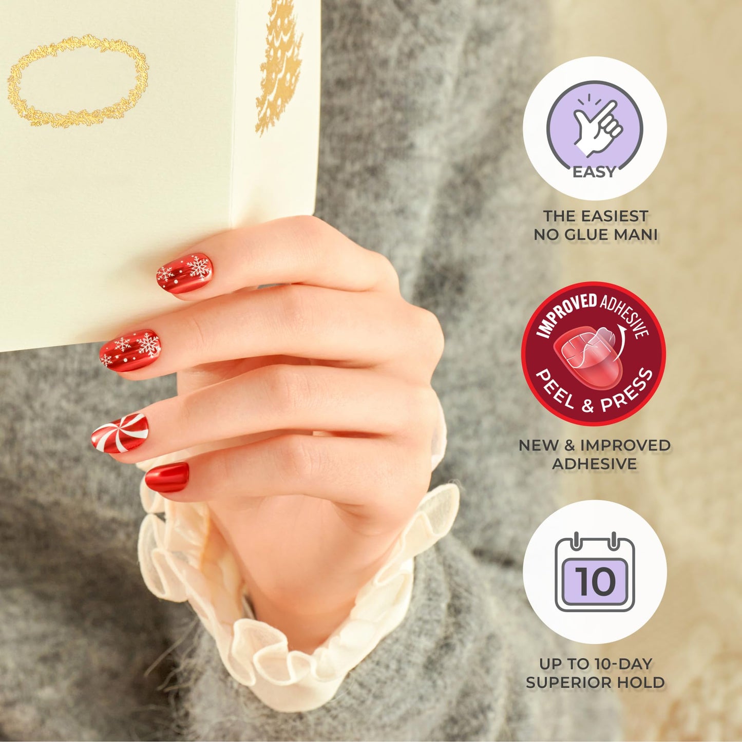 KISS imPRESS Holiday Press On Nails, ‘Be Merry’, Pink, Short Oval, 3D Effect, Improved Super Hold Adhesive, 30 Fake Nails, Prep Pad, Mini Nail File, & Manicure Stick