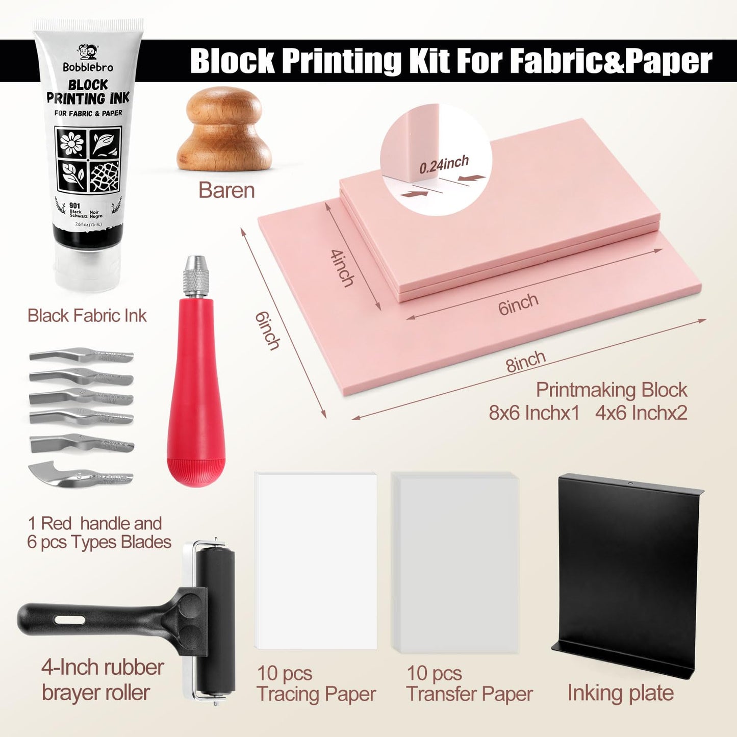 Bobblebro Linocut Kit for Printmaking - Fabric Block Printing Kit with 2.6 oz Fabric Ink for Fabric and Paper, Stamp Making Kit & Carving Tools - Arts and Crafts for Adults - DIY Gift for Father’s Day