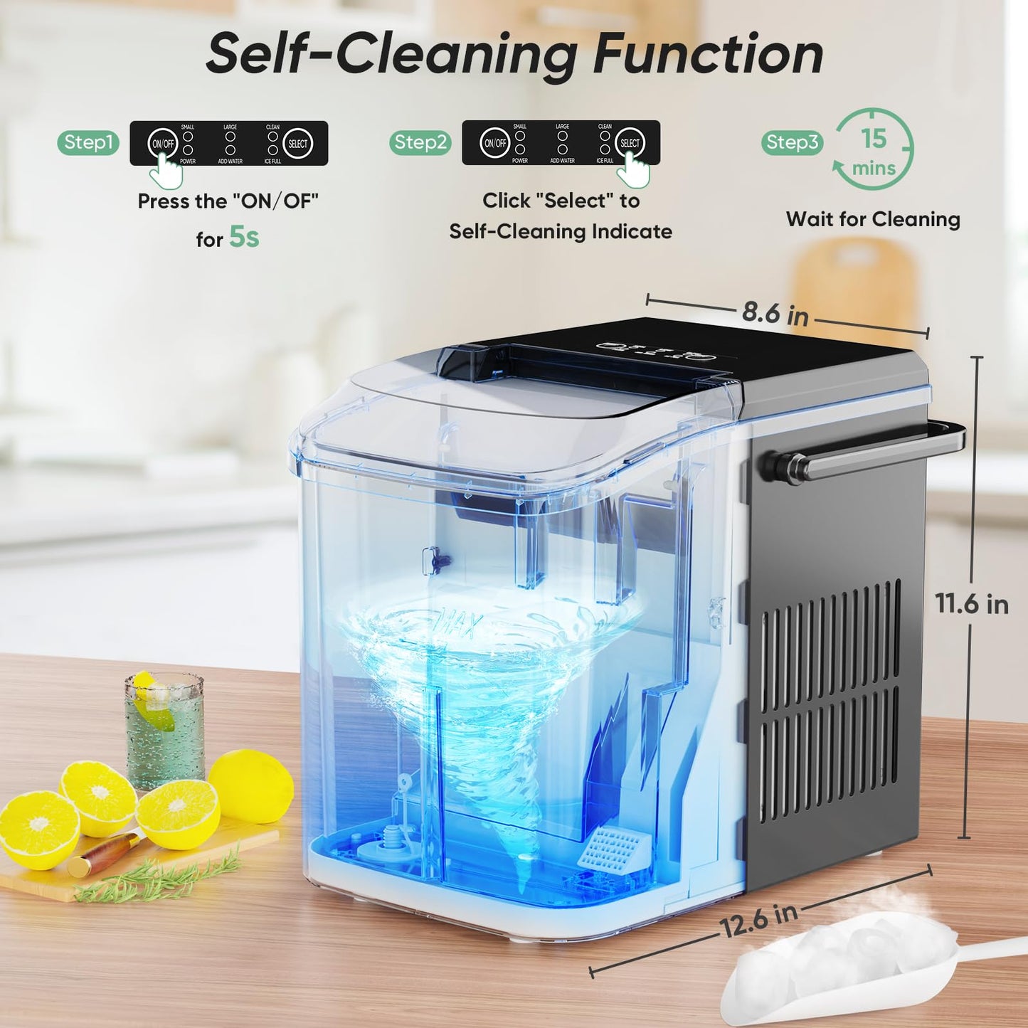 DUMOS Countertop Ice Maker with Handle, 26lbs/24H Portable Ice Machine, 9 Bullet Cubes Ready in 6 Mins, Self-Cleaning, Quiet Compact for Home, Kitchen, RV, Camping, Bright Black