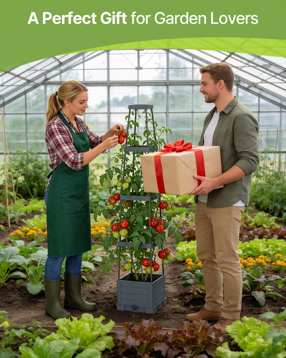 Suteck 1-Pack Raised Garden Bed Planter Box with Trellis, Self-Watering Tomato Planter with Adjustable Height Steel Support Frame for Climbing Plants, Tomato Cages for Patio, Balcony & Outdoor
