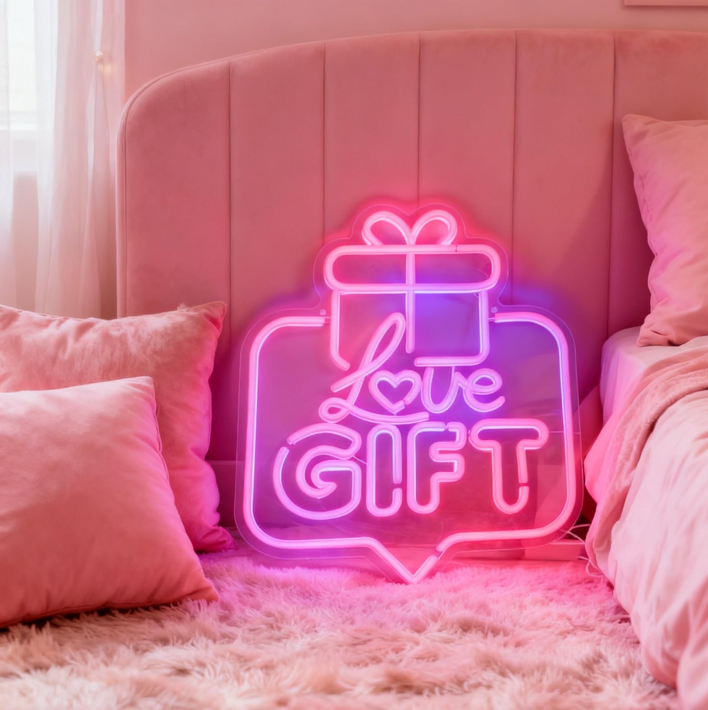 Love Gift Pink LED Neon Sign, Present Box Shape Neon Decor, USB Powered Decorative Neon Light for Gift Shop Signage Retail Store Display Party Event Bedroom Wall Table Accent 16.1 x 13.2 In