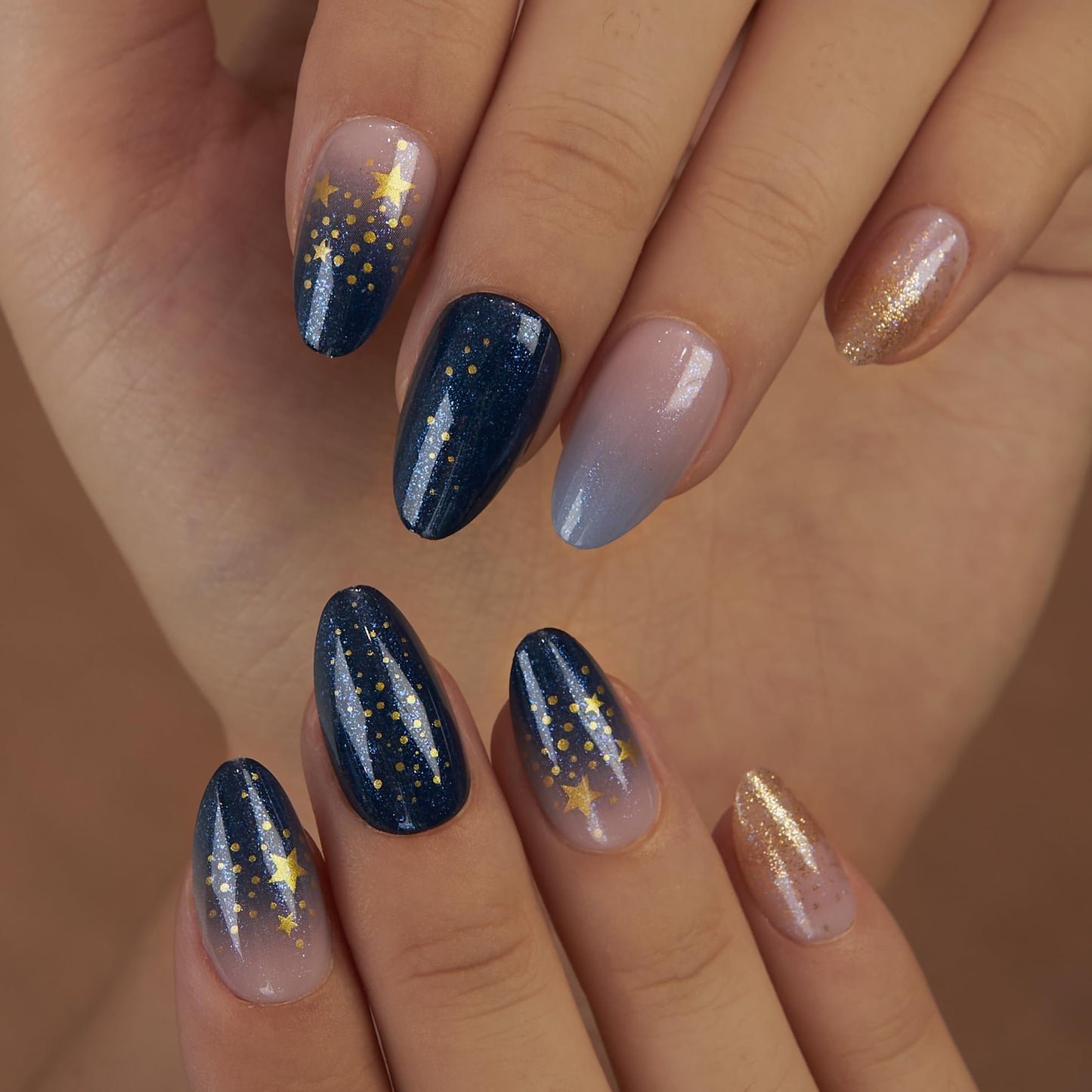 Curvlife 30pcs Press on Nails, Acrylic Fake Nail with Apricot Design, Full Cover False Nails Tips Glossy Nude Glue on Nails Artificial Stick on Nails for Women (starry night glitter nails, Medium)
