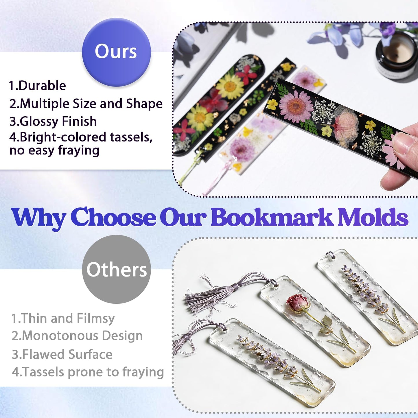 LET'S RESIN Bookmark Silicone Molds Set - 3 Shapes with 20Pcs Tassels for Epoxy Resin, Resin Bookmark Molds Silicone for DIY Handmade Bookmarks & Personalized Craft Gifts