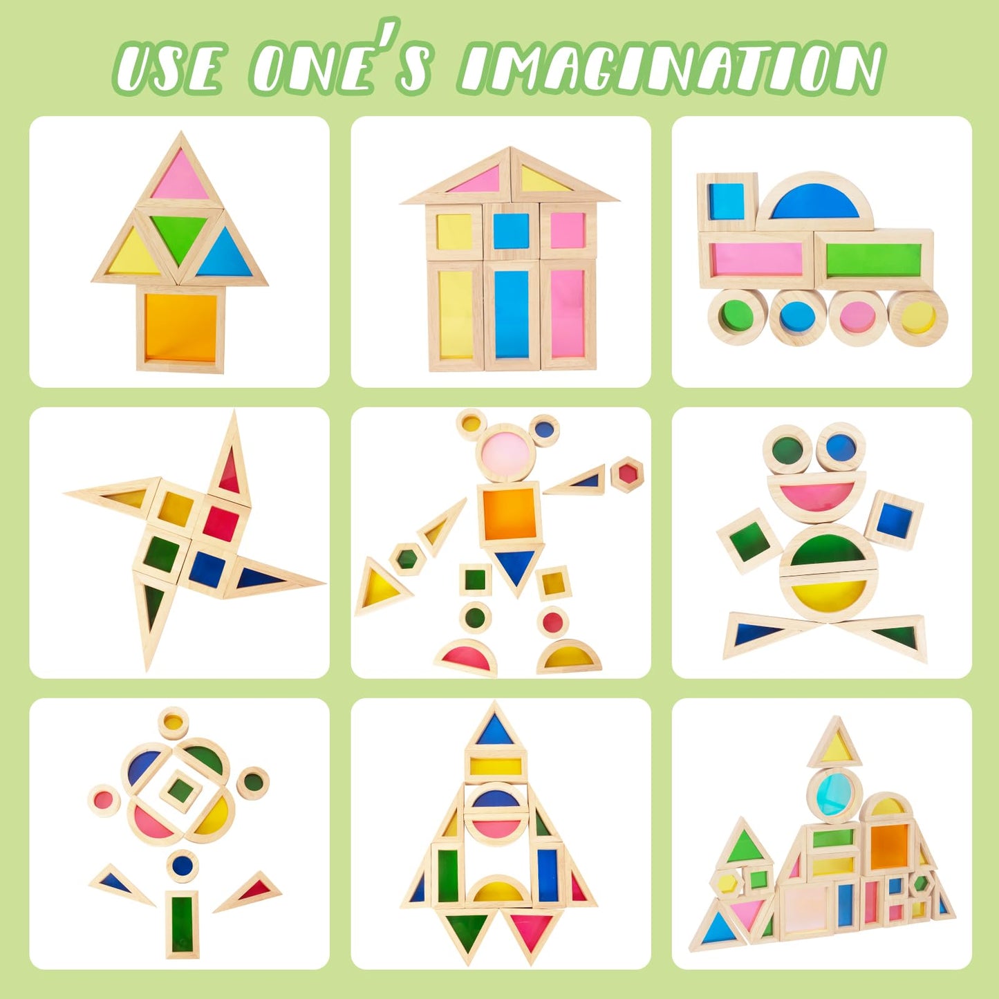 WOODENFUN Wood Building Blocks Set for Kids, 32 Pcs Rainbow Stacker Stacking Game Construction Toys Set Preschool Colorful Learning Educational Toys, Geometry Wooden Blocks for Boys Girls