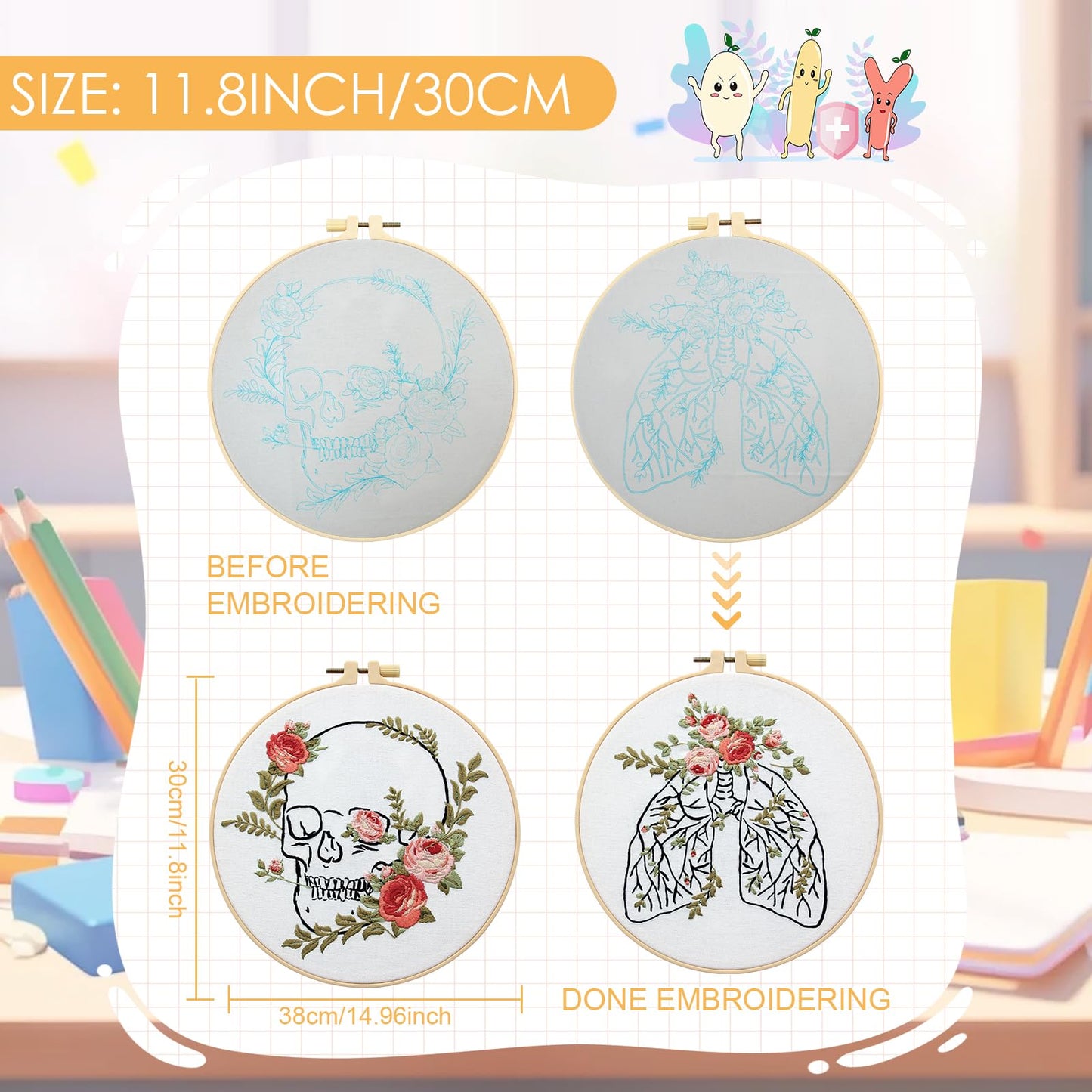 5 Sets Skull Embroidery Kits for Beginners Adults, Anatomy Embroidery Starter Kit for Doctors Nurses Christmas Gifts with Floral Stamped Pattern DIY Needlepoint Kit Cross Stitch Set Includes 2 Hoops