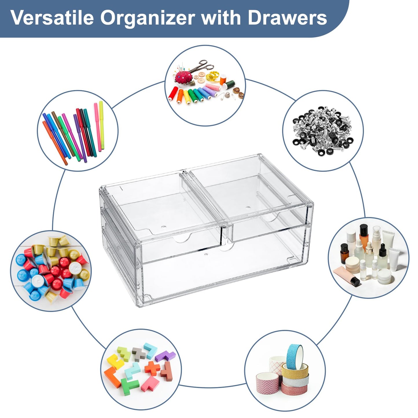 BTSKY Clear Acrylic Drawer Organizer, Stackable Container with 2 Narrow + 1 Large Drawers, Desk Organizer for Stationery Study Essentials Makeup Jewelry, Multipurpose Storage Box for Office and Home