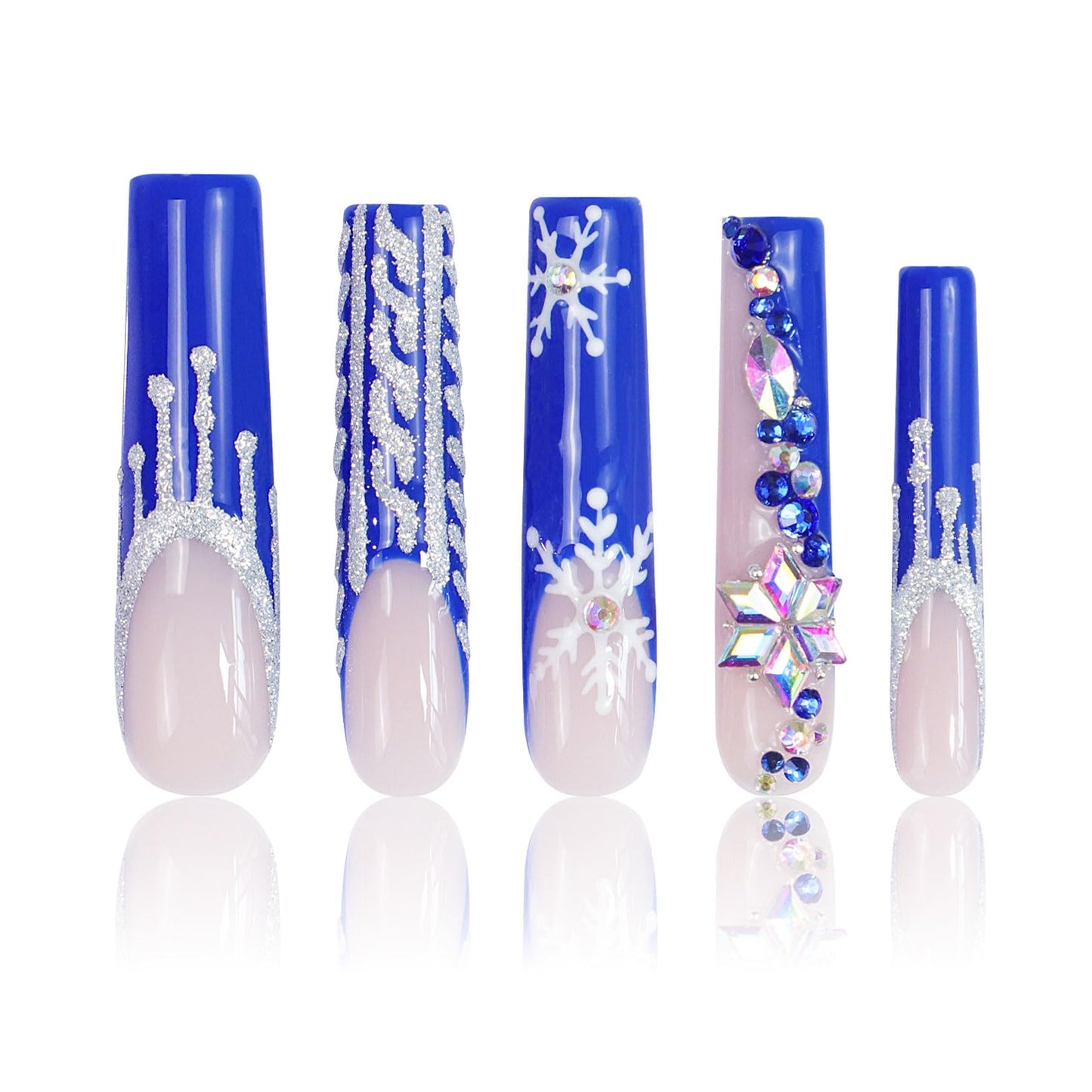 LOVFUL Press on Nails Snow Waltz Blue French Tip| Handmade with Full Covered Crystals | Reusable Fake Nails | Square Long 2.2 in | H140-M