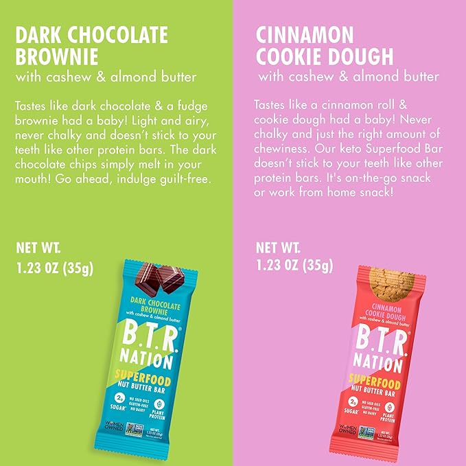 B.T.R. Nation Superfood Keto Protein Bars, Plant Based Vegan - Cinnamon Cookie Dough & Dark Chocolate Brownie | 12 Pack of Each | Low Carb, GF & Calorie, No Sugar Alcohols, Boosted with Superfoods