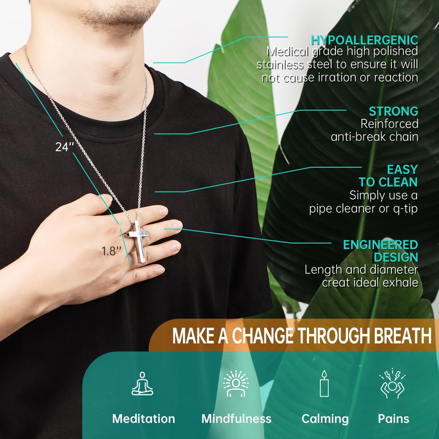 FUNPAR Cross Breathing Necklace for Anxiety, Inspirational Bible Verse Mindfulness Pendant Necklace, Stainless Steel Meditation Breathwork Tool, Anxiety Relief Items for Teens Gift(Black 1: 9)