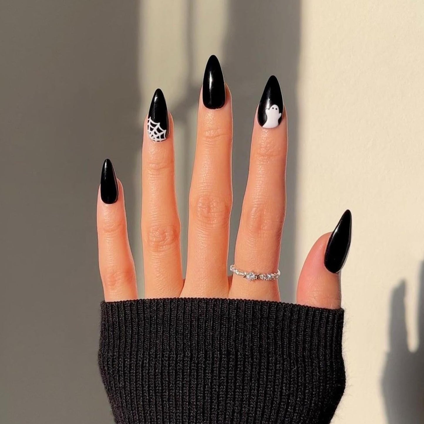 KQueenest Black Press on Nails Medium Almond Stiletto with Ghost Pattern, Gel Fake Nails Medium, Acrylic Nails Press ons Feature Protective UV Coating in 24PCS