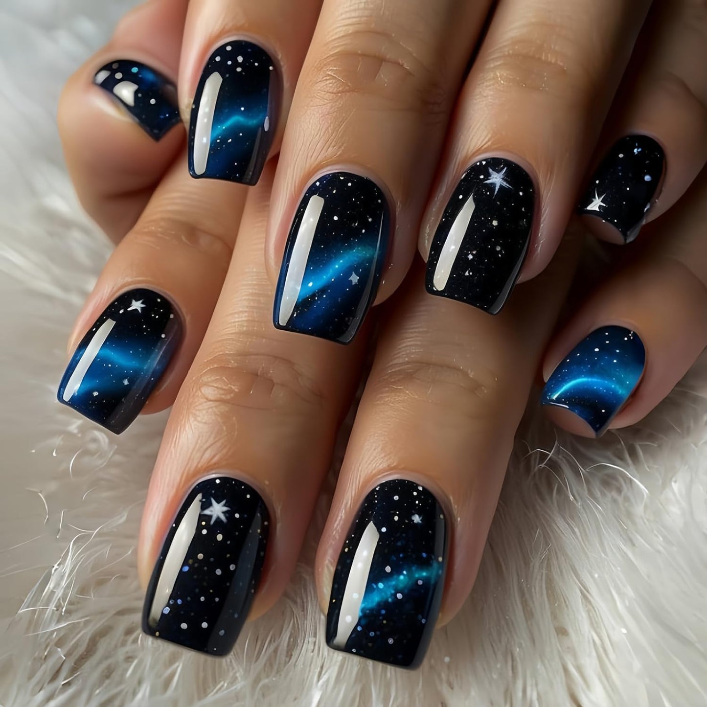 Stars False Nails Press on Nails Medium Blue Starry Sky Smudge Pattern Design Square Fake Nails Full Cover Acrylic Nails Press Nails with Charm Artificial Stick on Nails Glossy Acrylic Nails for Women