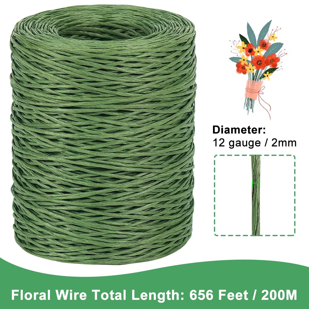 Tenn Well Floral Wire, 656 Feet 2mm Paper Covered Bind Wire for Floral Bouquets, Crowns, Wreath Making, Christmas Ornaments, Garlands, Wedding Decorating, Crafts (Green)