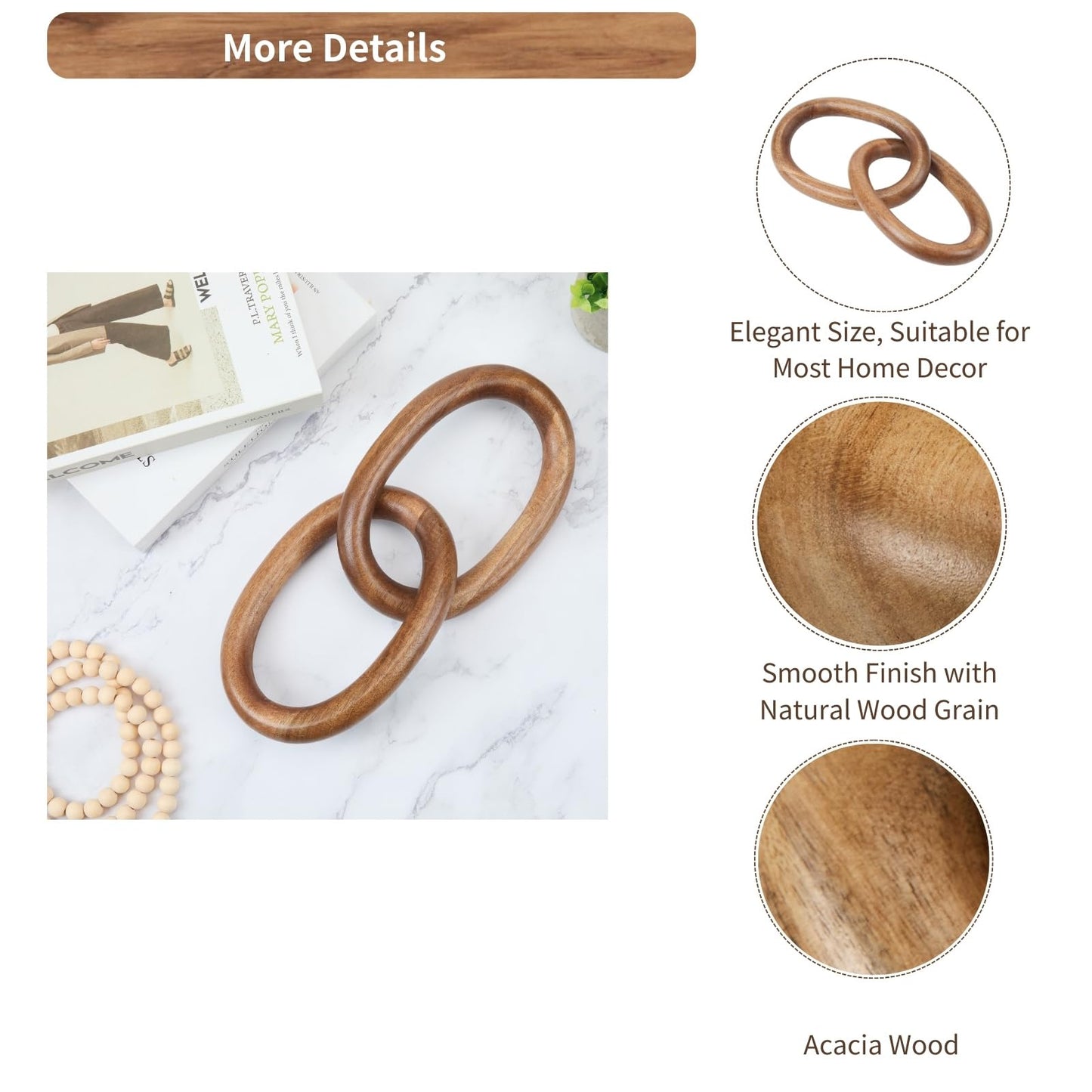 THORNIA Acacia Wood Chain Link Decor, Natural Wooden Knot Shelf Decors for Coffee Table, Bookshelf, Console Table Decorations, Decorative Handcrafted Modern Home Accent, 13x6 Inch
