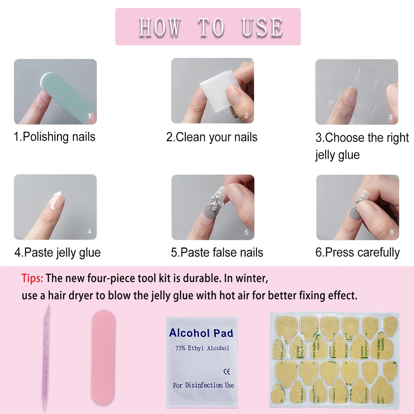 24pcs Blue French Nail Press-On Square Medium False Nails Gold Blue Leaf Glue Acrylic Nails Full Cover Spring Summer False Nails with Pattern Flower Nail Art Decoration for Women