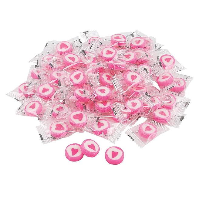 Fun Express Bulk Candy Individually Wrapped Hard with Heart Design - 152 Pink Round Candies for Wedding Favors, Party, Adults & Dish | Perfect for Bridal Shower & Bags