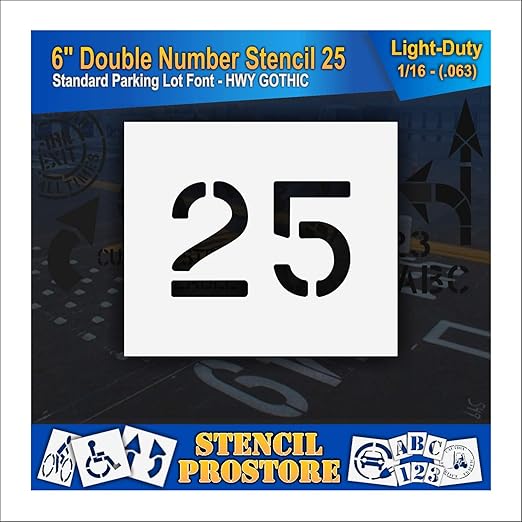 Pavement, Curb, and WheelStop Stencils - 6 inch Double Number Stencil - (25) - 6" x 9" x 1/16" (63 mil) - Light-Duty