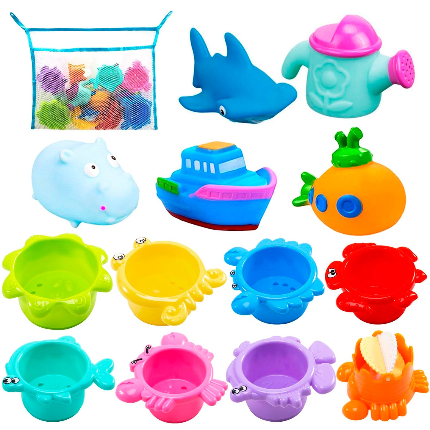 INNOCHEER Baby Bath Toys for Toddlers, Water Table Toys with Mold Free Stacking Cups, Quick Dry Organizer Net, 13 Pcs Bathtub Game, Beach and Pool Party