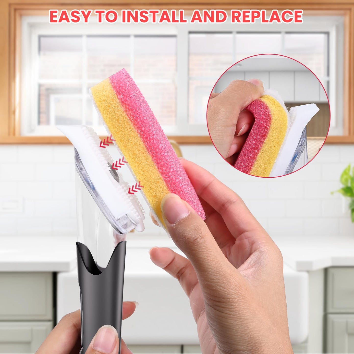 Soap Dispensing Replacement Dish Brush Storage Set with 10 PCS Sponge Refills & Holder - RIMAY Dispenser Scrub Cleaning Scrubber Kitchen Dishwashing Dish Wand Handle for Dishes/Pans/Pots/Sink(Pink)
