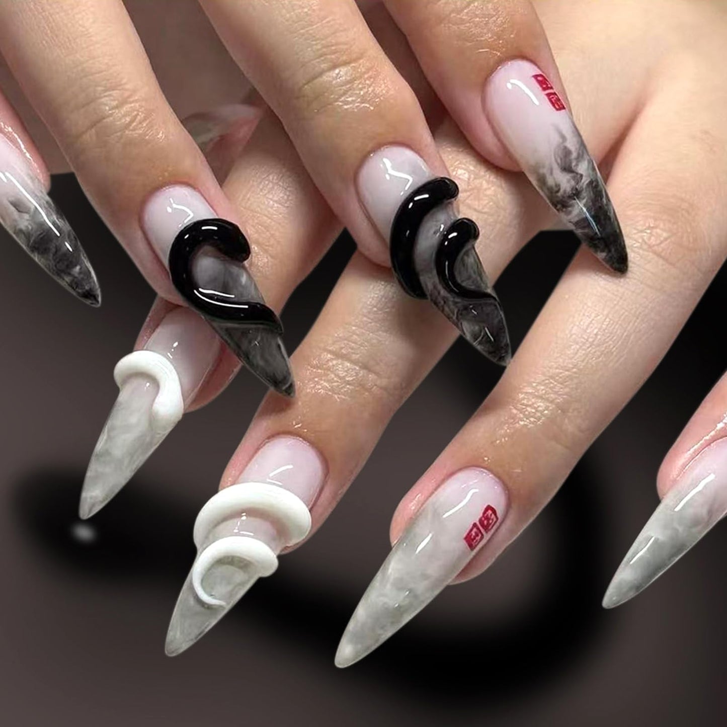 GCSQW Press on Nails Long Stiletto Fake Nails with 3D Snake Designs Halloween Glue on Nails Black Gradient Glossy Acrylic Nails Almond False Nails Stick on Nails for Women 24Pcs