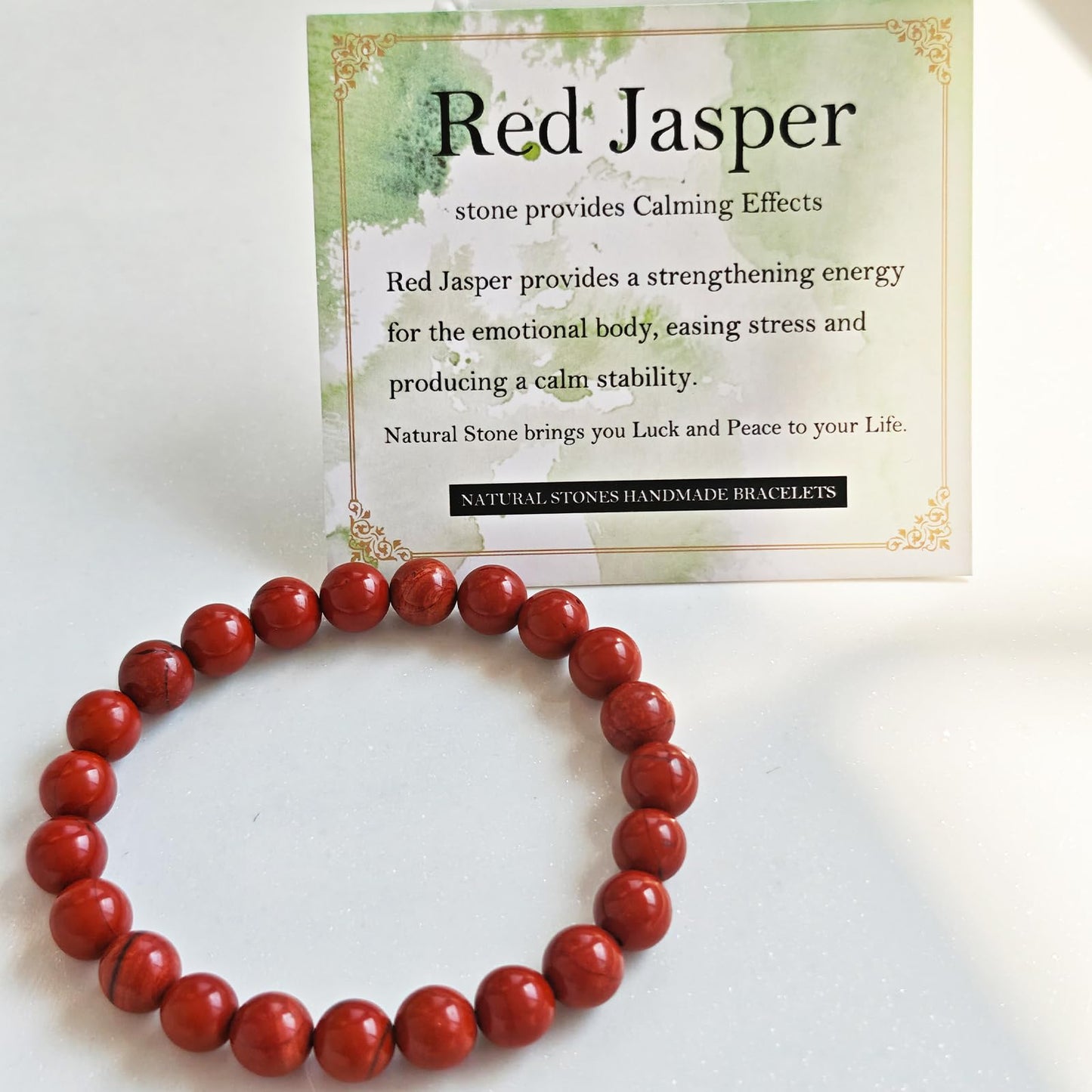 Handmade Natural Gemstone Elastic Bracelet - Healing Crystal Beads Jewelry, Unisex (Red Jasper, 8mm)