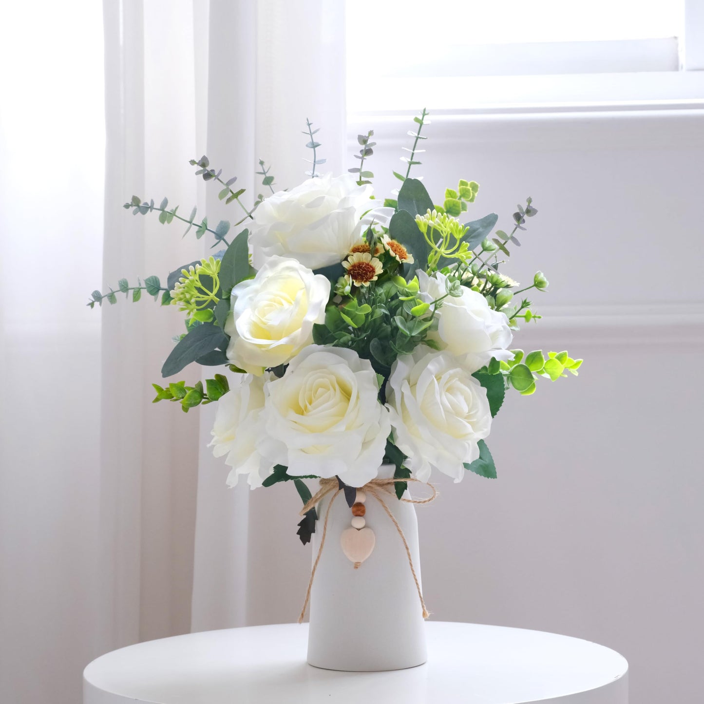 Artificial Rose Flower Arrangement in 6'' White Ceramic Vase with Heart Charm Décor, Flower Arrangement with Eucalyptus Stems and Greenery, Rustic Farmhouse Table Centerpiece, 14"H x 9’’W