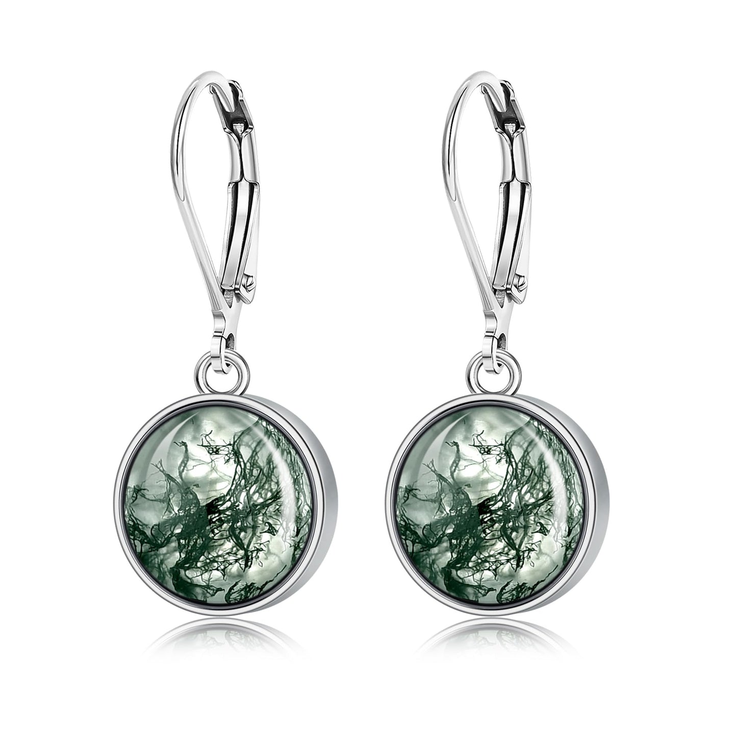 TALYKONG Moss Agate Earrings - Round Moss Agate Dangle Leverback Earrings for Women