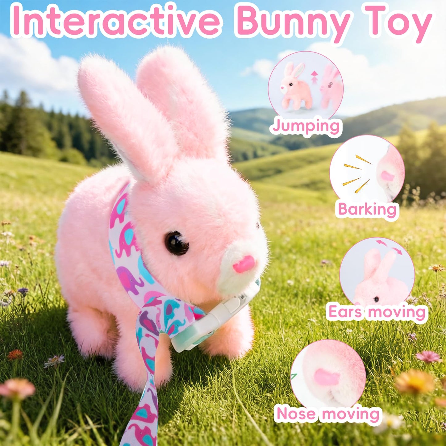 Sprstar Easter Bunny Toy,Bunny My Realistic Bunny Toy,Hopping Rabbit Plush Bunny Toy,with Sounds and Movements Animated Walking Wiggle Ears Twitch Nose Gift for Toddlers Birthday(Pink Rabbit + Leash)