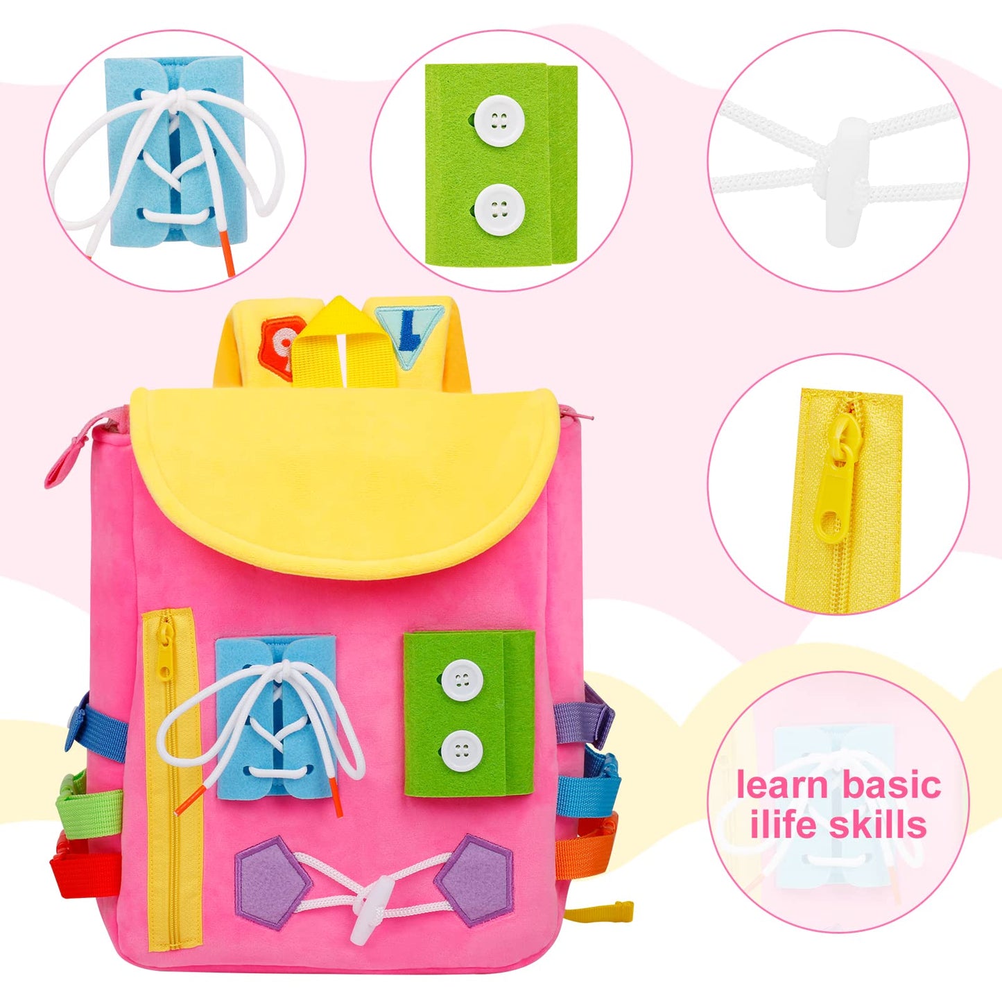 Busy Board - Toddler Backpack with Buckles and Learning Activity Toys - Develop Fine Motor Skills and Basic Life Skills - Learn to Tie Shoes - Children's Travel Toy (Pink)