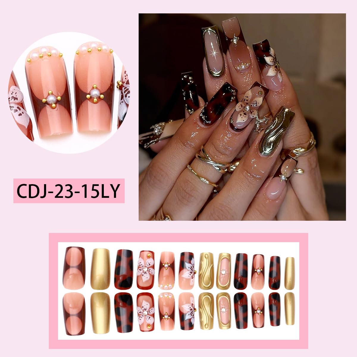Long Press on Nails Square Fake Nails French Tip False Nails with Flowers Designs Artificial Nails Brown Stick on Nails for Women 24pcs