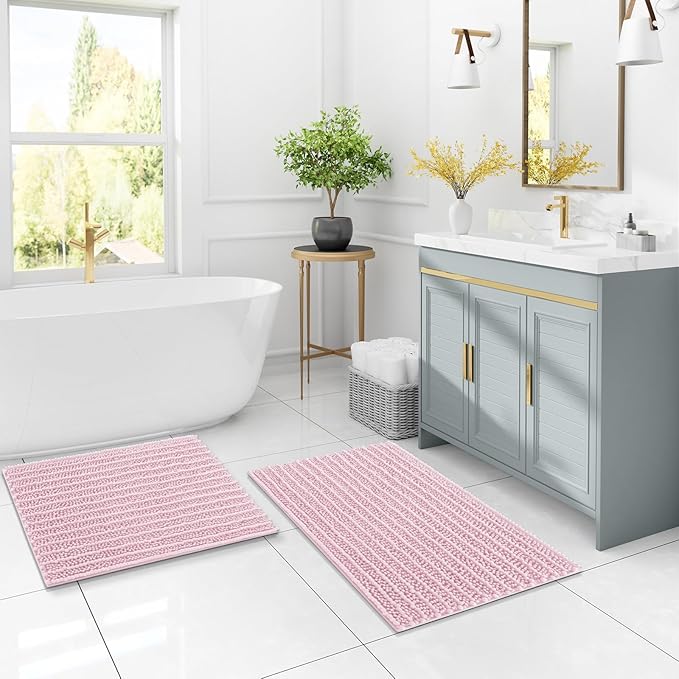Arotive Luxury Chenille Bathroom Rug Mat, Extra Soft Thick Absorbent Shaggy Bath Rugs, Non-Slip Machine Wash Dry, Plush Bath Mats for Bathroom, Shower and Tub, 47x32, Pink