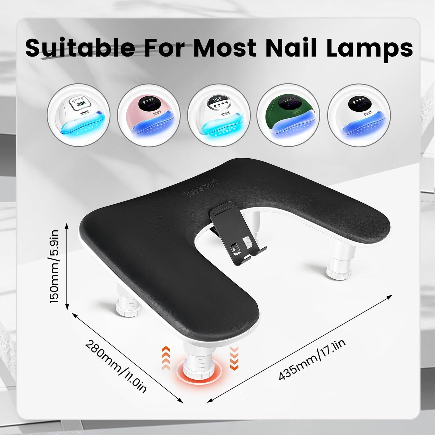 JODSONE U-Shaped Black Arm Rest for Nails Tech with Rotating 360°Built-In Phone Holder and Adjustable Nail Arm Rest Detachable Manicure Hand Rest for Salon Design
