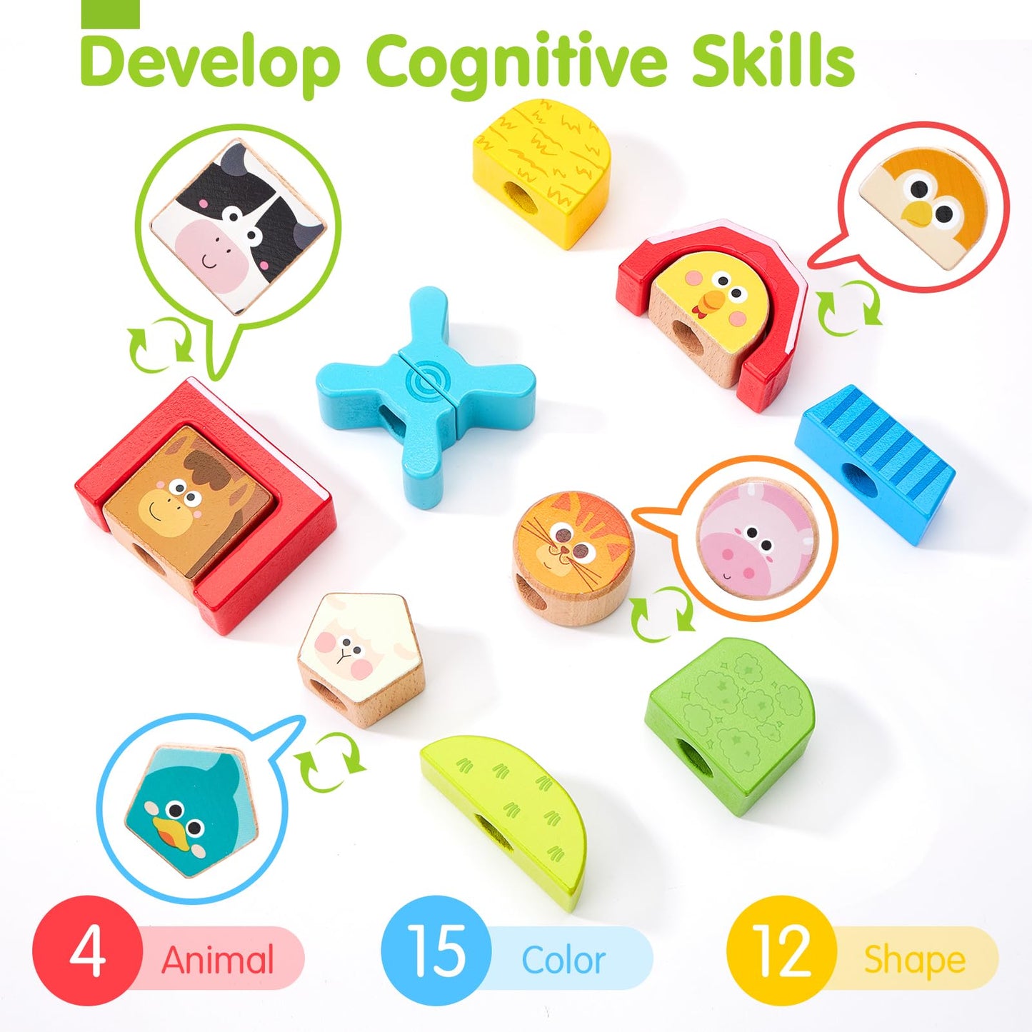 hahaland Montessori Wooden Brain Building Block for Toddler 1-3 Stacking Toy Day & Night Puzzle Game with 24 Challenges Toddler Lacing Stringing Beads for Ages 1 2 3 Preschool Learning Activities