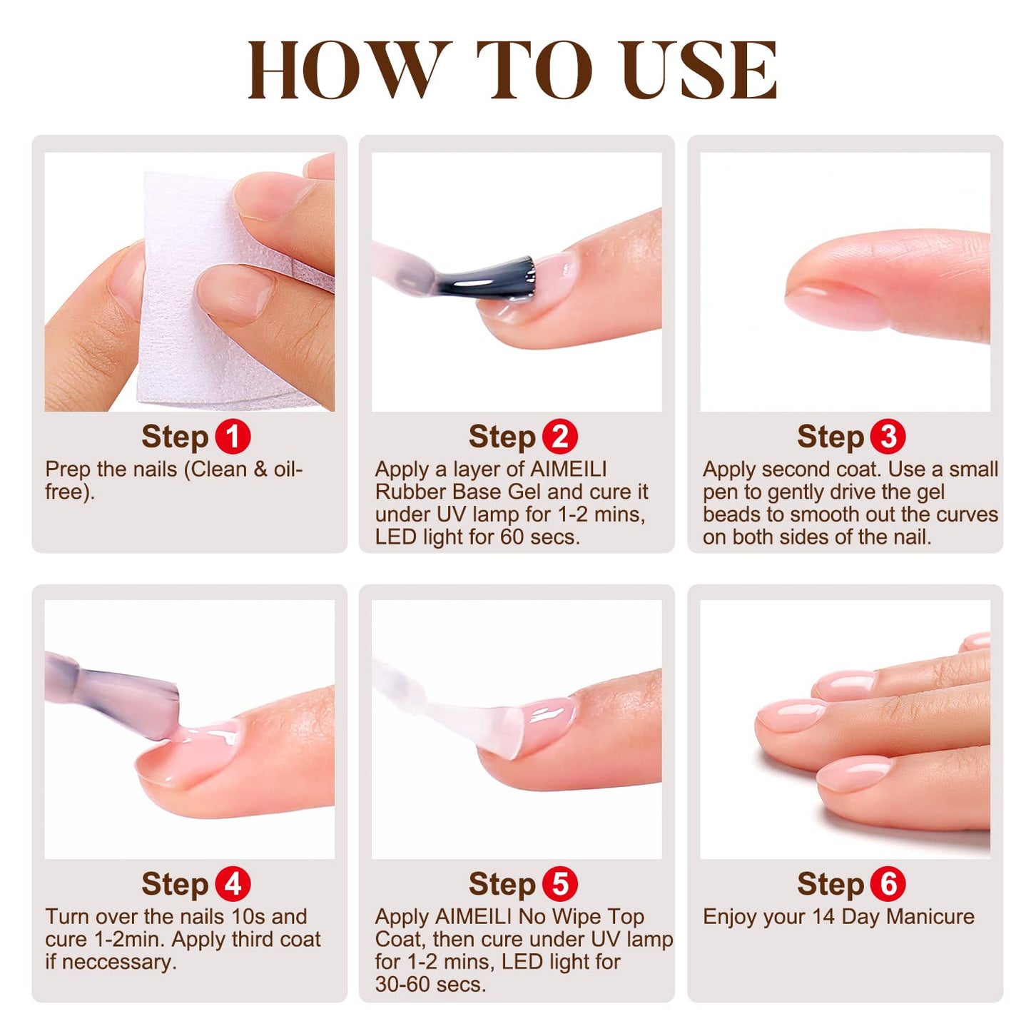 AIMEILI Hema Free Rubber Base Gel For Nails, Soak Off U V LED Clear Sheer Gel Nail Polish, 4 in 1 Nail Strengthen/Enhance/Base Coat/Color Set Of 6pcs X 10ml - Kit 47