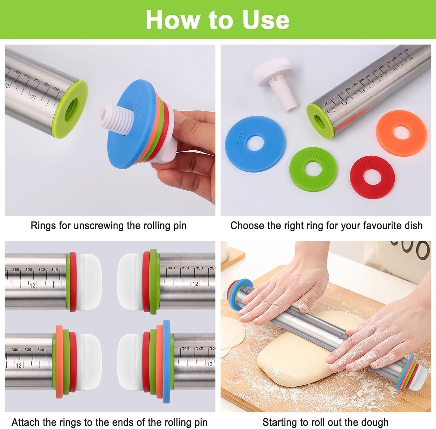 liboyixi Rolling Pin and Pastry Baking Mat Set, 17-inch Rolling Pins with Adjustable Thickness Rings, Stainless Steel Dough Roller for Baking Fondant, Pizza, Pie, Pastry, Pasta, Cookies (black)