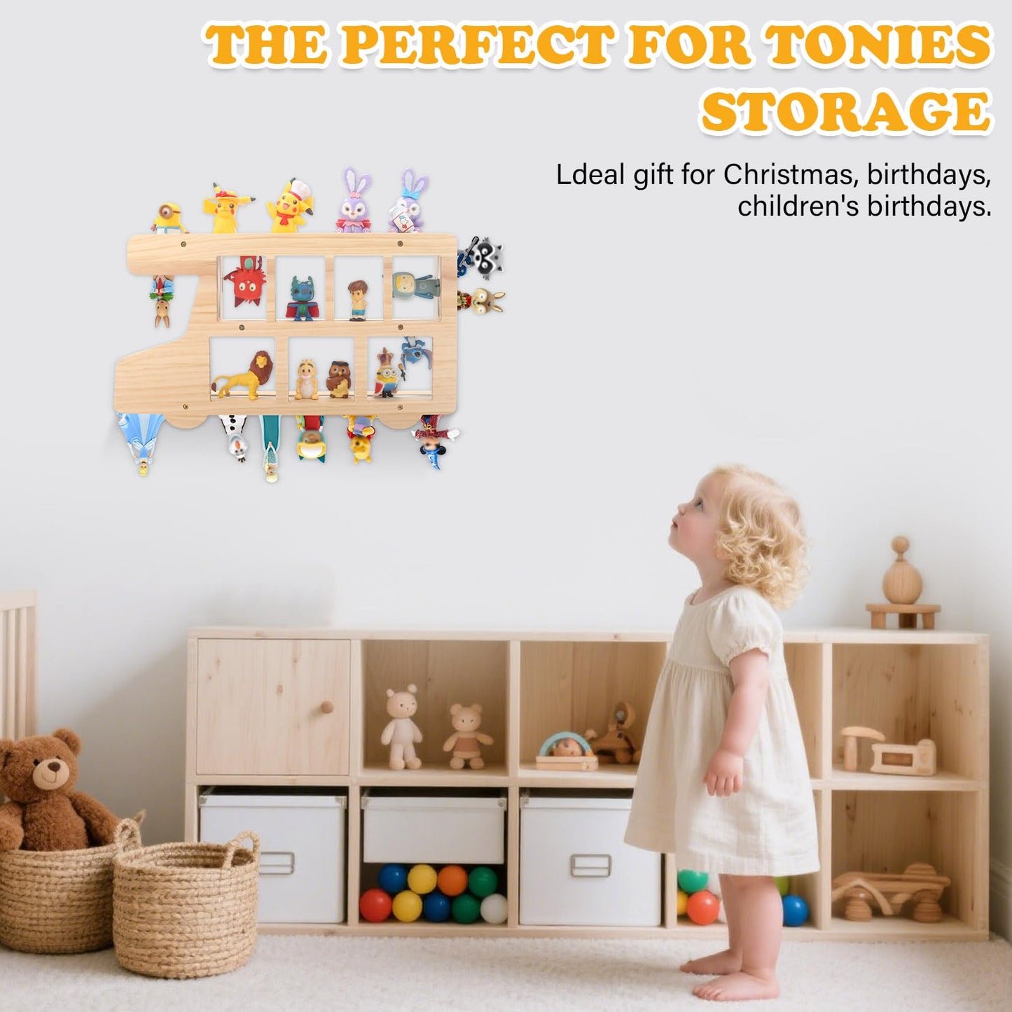 RZYLKA Car for Tonies Box Figures Characters Organizer Storage Shelf Wall Mounted, Bus Wooden Magnetic Floating Shelves for Tonies Characters, Display Collection 15~25 Characters