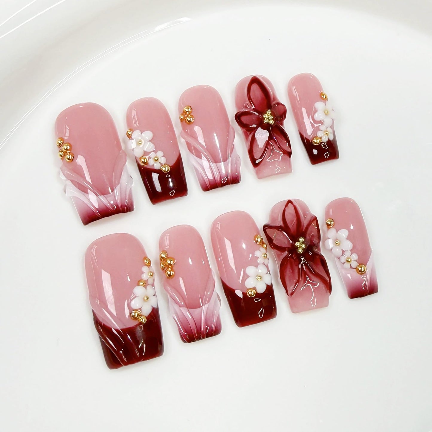 Handmade Press on Nails Red French Tip False Nails Medium Square Fake Nails with 3D Flower Designs Nails Press Ons Luxury Full Cover Muti-Layer Gel Stick on Nail for Women 10Pcs (Size M)