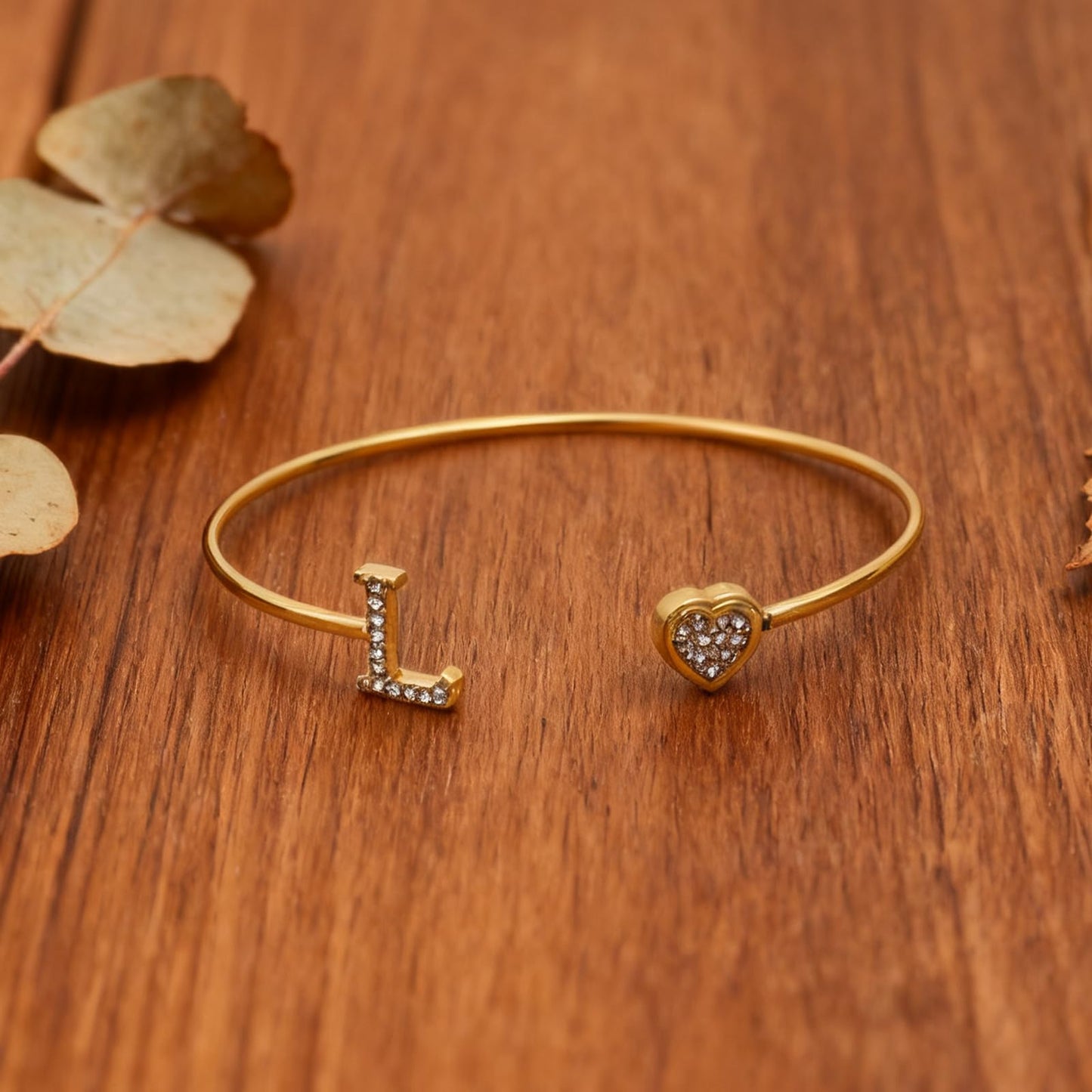 BXDA Trendy Gold Plated Heart Initial L Cuff Bangle Bracelet for Women, Handmade Statement Cubic Zirconia Stackable Open Letter Bracelets Fashion Jewelry Accessories Gift