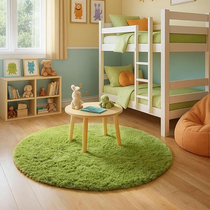 Amdrebio Grass Green Round Rugs 6Ft for Living Room Bedroom Decor Aesthetic, Large Fluffy Shaggy Circle Area Rug for Kids Playroom Baby Nursery, Big Soft Shag Fuzzy Modern Cool Floor Circular Carpet