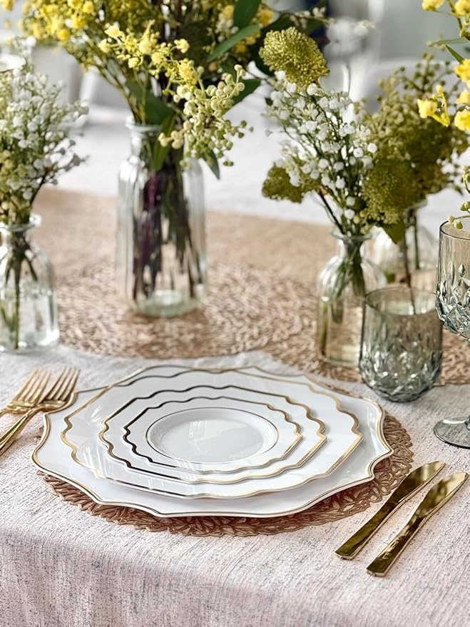 OCCASIONS 40 Piece Heavy Duty Disposable Plastic Charger Plates 13.25" for Party, Wedding, Elegant Dinner, BPA-Free, Premium Tableware – Scalloped Imperial White & Gold