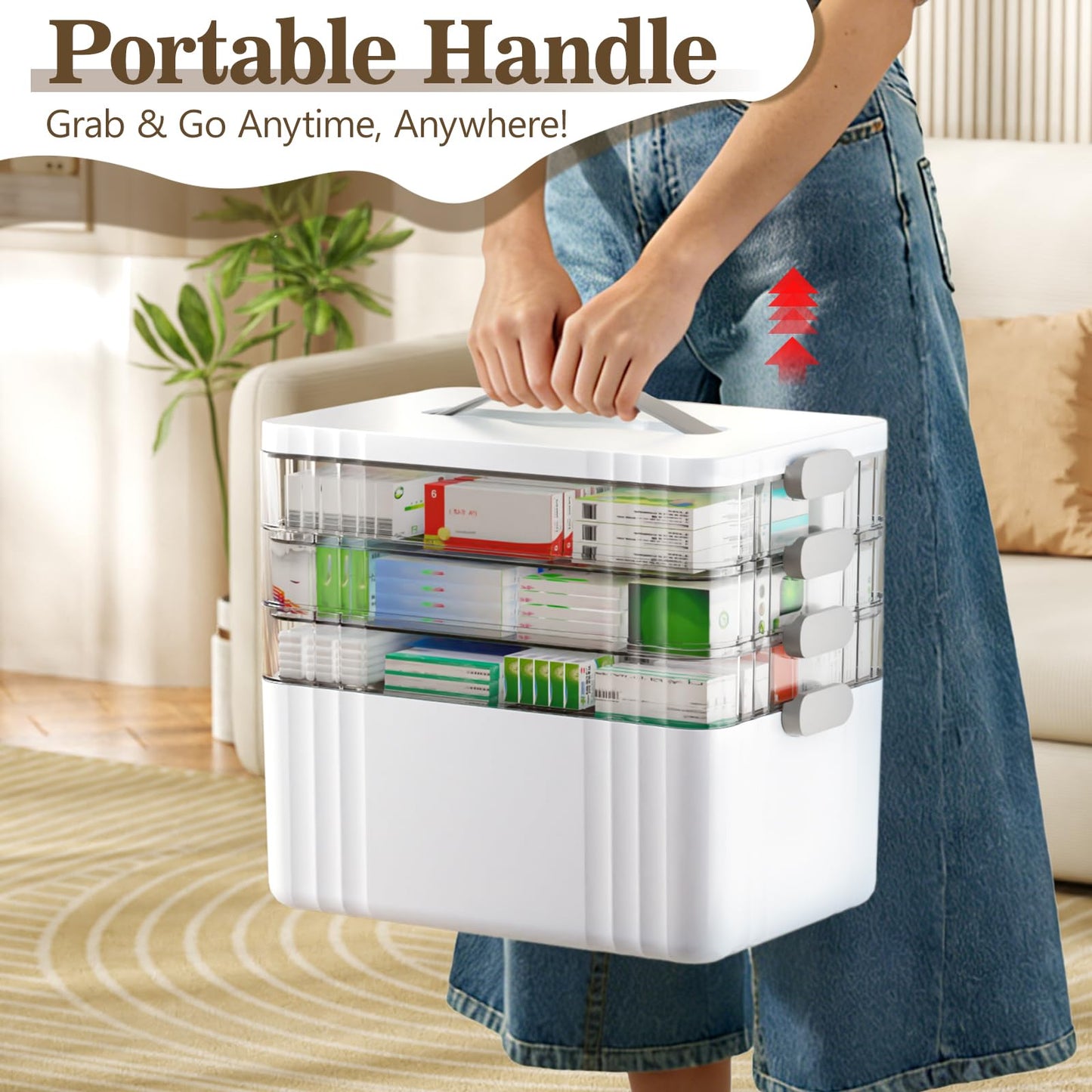 ARSTPEOE 4-Tier Medicine Organizer - Portable Medicine Cabinet with Plastic Handle, Multipurpose Medical Box, Empty First Aid Kit for Home