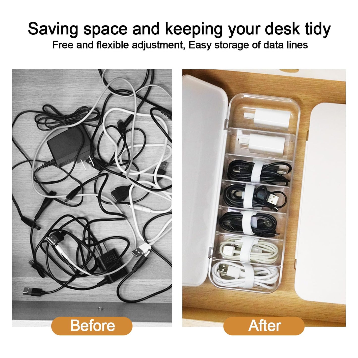 Asonen Cable Organizer Box with 14 Wire Ties and 6 Magnetic Cable Clips, Desktop Cord Management Box with Dividers and Lid for Home Office Storage – White