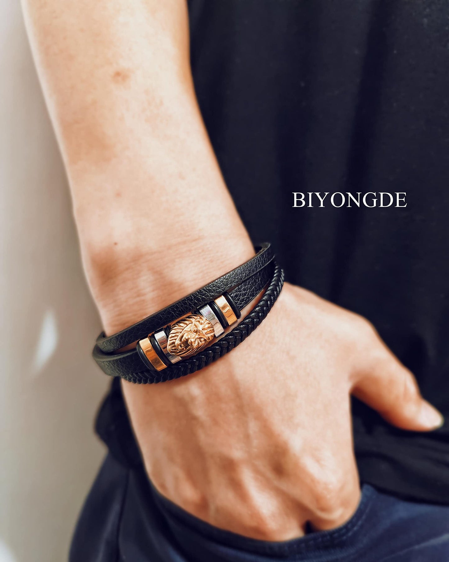 BIYONGDE Black braided Leather Bangle Bracelet, Mens Stainless Steel Gold Color Lion Head Charms ID Identification