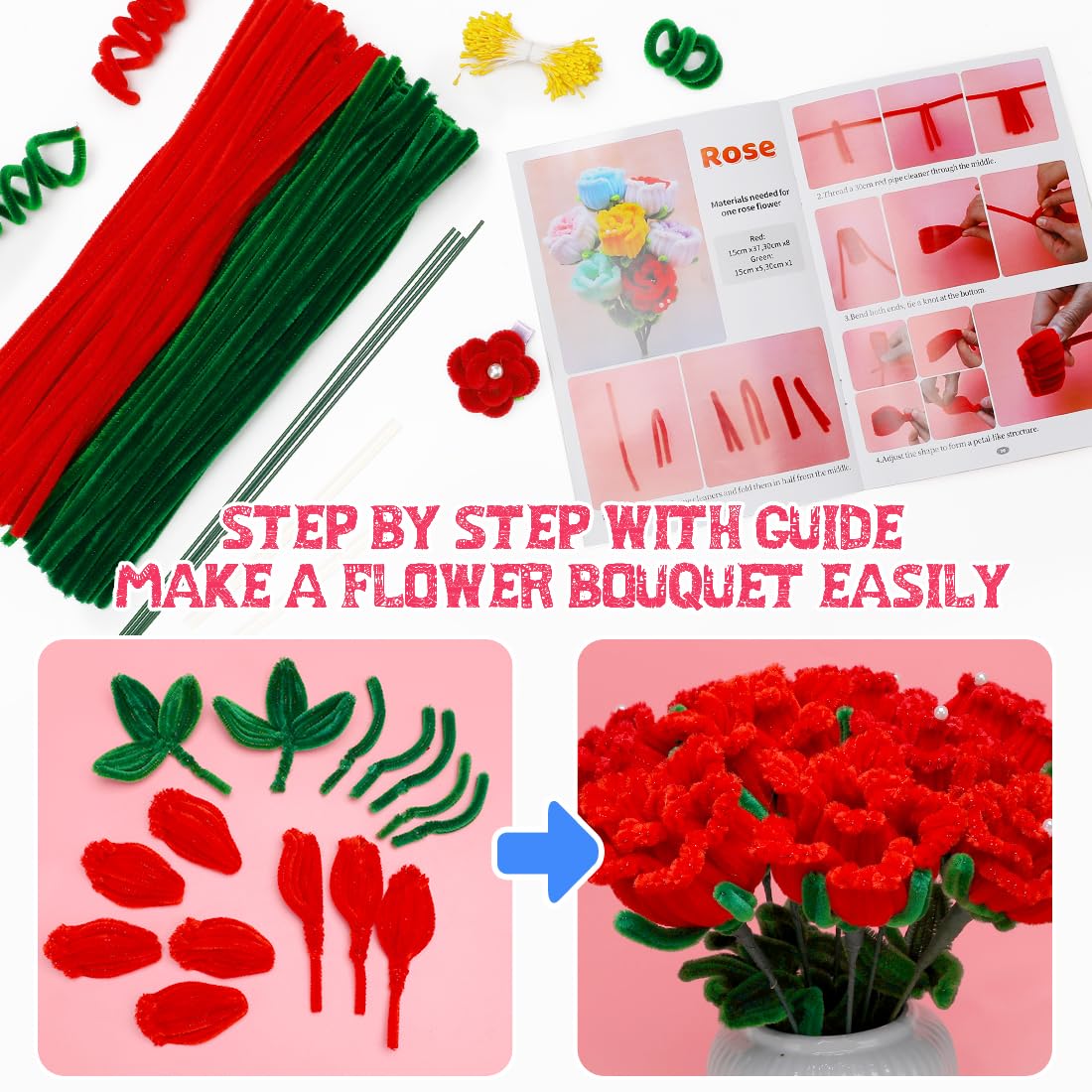 IOOLEEM Pipe Cleaners, 480pcs Red Roses, Valentine's Day Flower Making Kit, Arts and Craft Supplies for Flowers, Ideas for Art Project Activity.