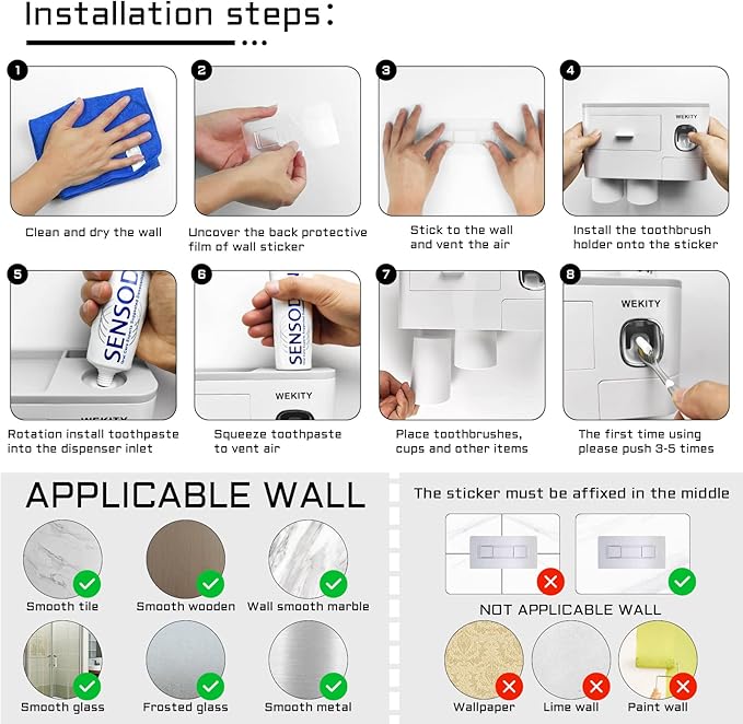 Toothbrush Holder Wall Mounted, WEKITY Multi-Functional Toothbrush and Toothpaste Dispenser for Bathroom, with 5 Toothbrush Slots, 2 Toothpaste Squeezers and 4 Cups(Grey)